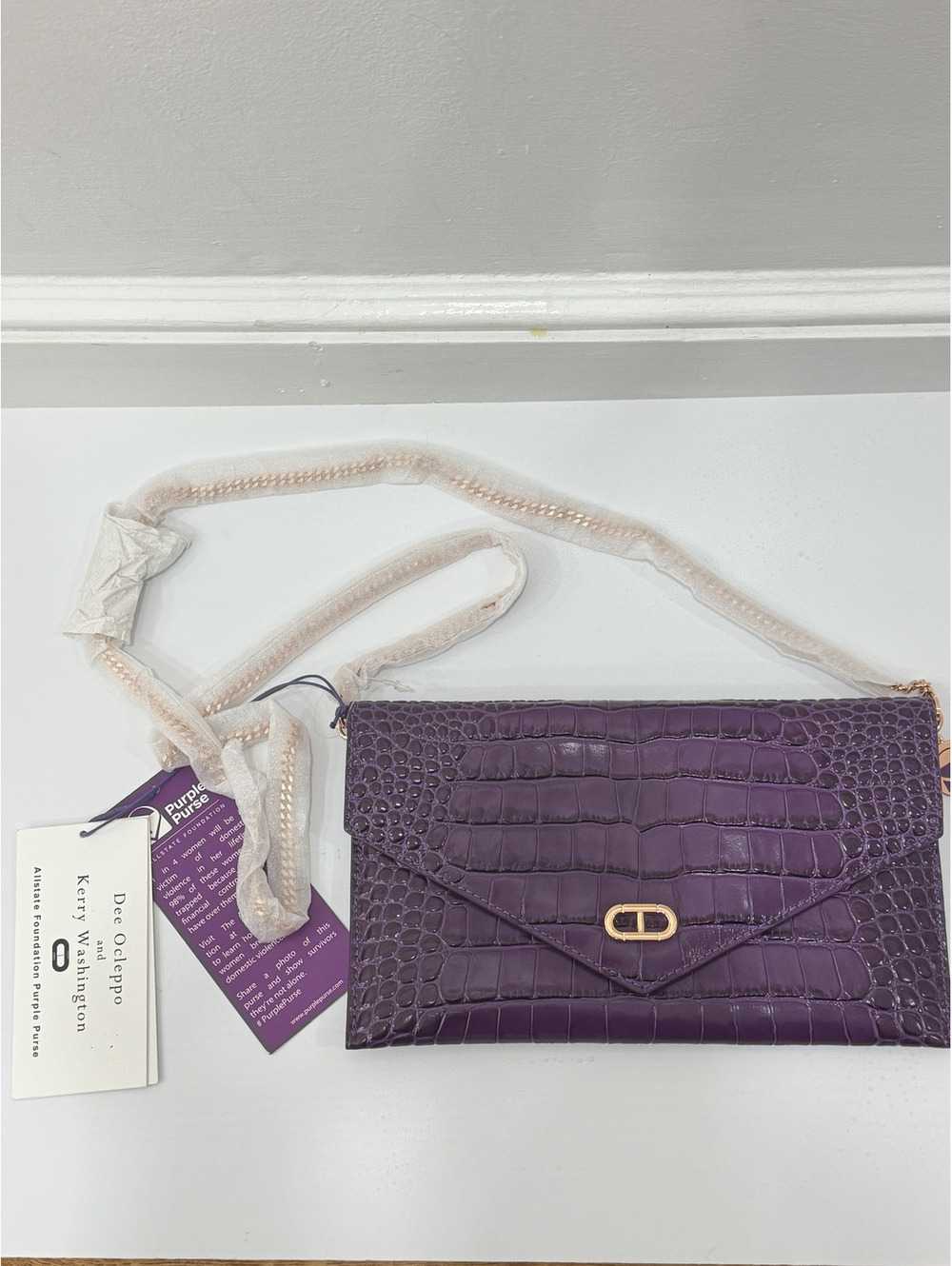 New Kerry Washington Dee Ocleppo Purple Purse Crocodile Embossed Clutch Bag NWT